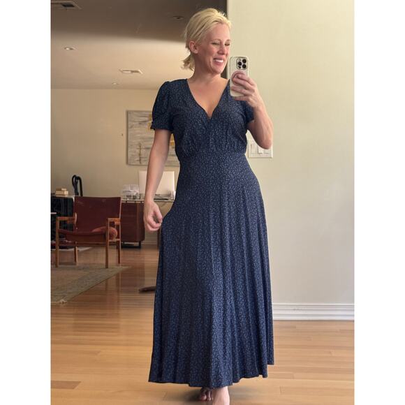 Madewell Size 4 Long Dark Blue Black Floral V Neck Button Short Sleeve Dress - Picture 1 of 12